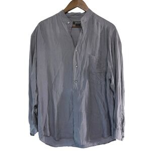 Vintage Structure Grey 100% Silk Mandarin Collar Henley Shirt Long Sleeve Mens M